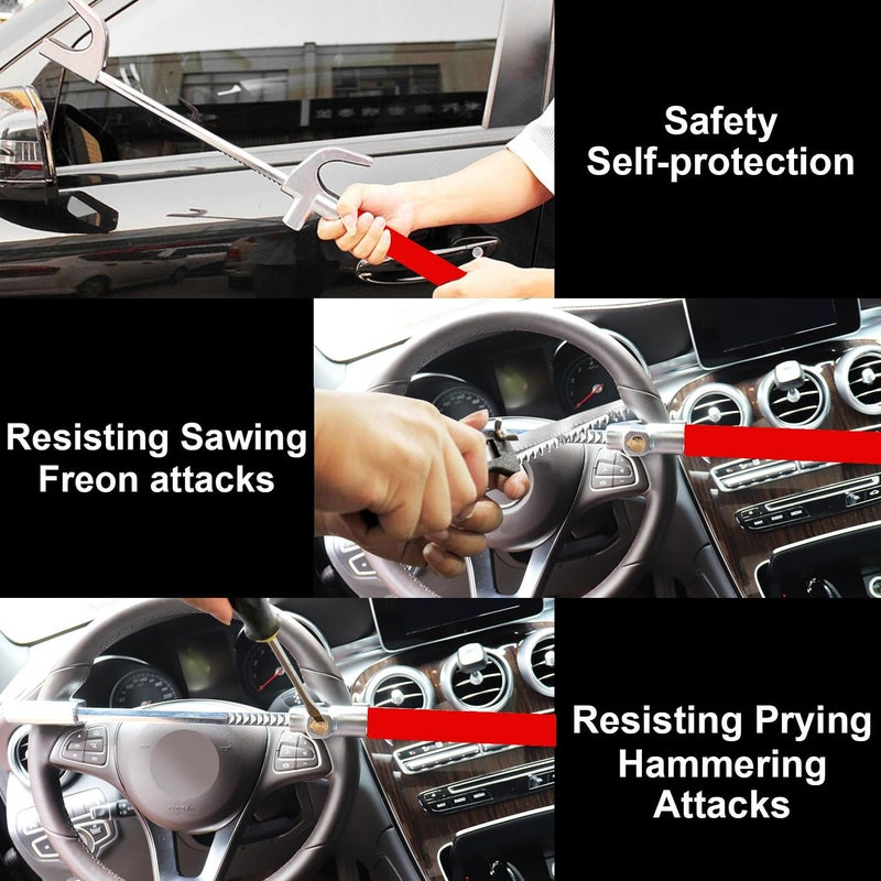 Tevlaphee Steering Wheel Lock for Cars,Wheel Lock,Vehicle Anti-Theft Lock,Adjustable Length Clamp Double Hook Universal Fit Emergency Hammer Window Breaker Self Defense Heavy Duty Secure - Image 4